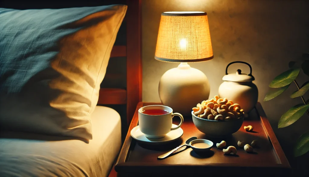 A calming bedside table setup featuring a small plate of cashew nuts and a warm cup of herbal tea under the soft glow of a lamp, creating a relaxing atmosphere perfect for winding down.