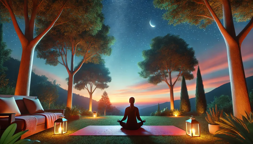 A serene outdoor scene of a person meditating on a yoga mat under a soft twilight sky, surrounded by tall trees and a gentle breeze. The peaceful setting emphasizes mindfulness and stress relief before bedtime.