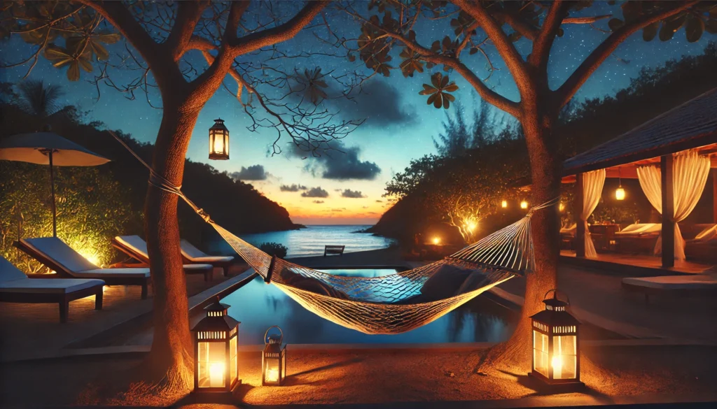 A peaceful outdoor evening scene featuring a hammock tied between two trees under a twilight sky transitioning into night. Soft lanterns illuminate the setting, creating a calming atmosphere for relaxation and prolonged sleep.