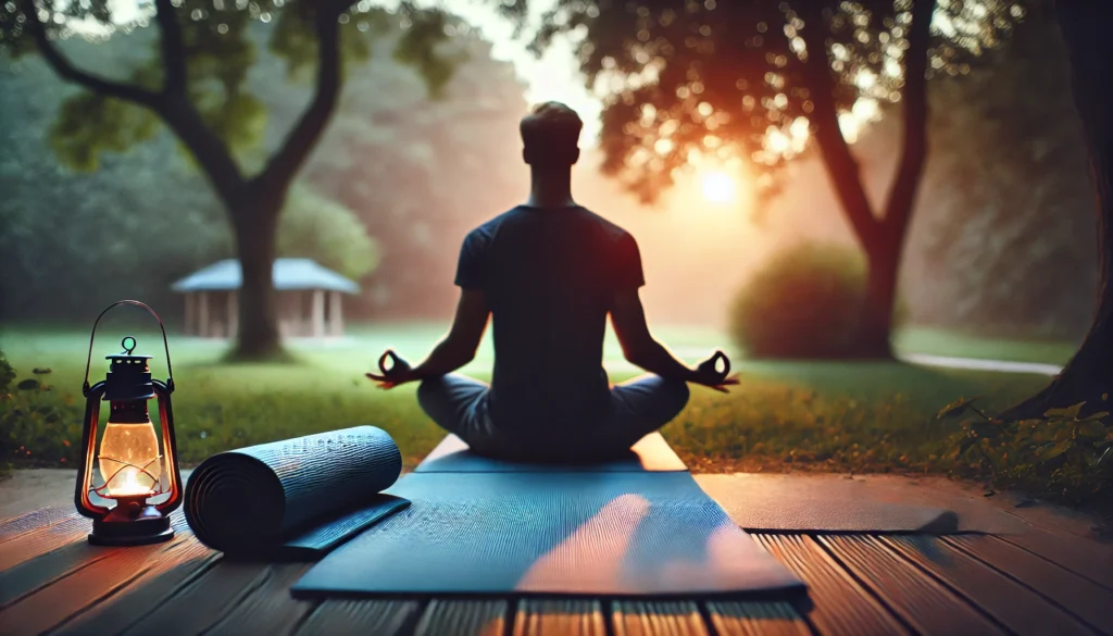 A serene outdoor scene at twilight featuring a person meditating or stretching on a yoga mat, surrounded by soft lighting and natural elements like trees. The peaceful setting emphasizes relaxation and mental preparation for restful core sleep.