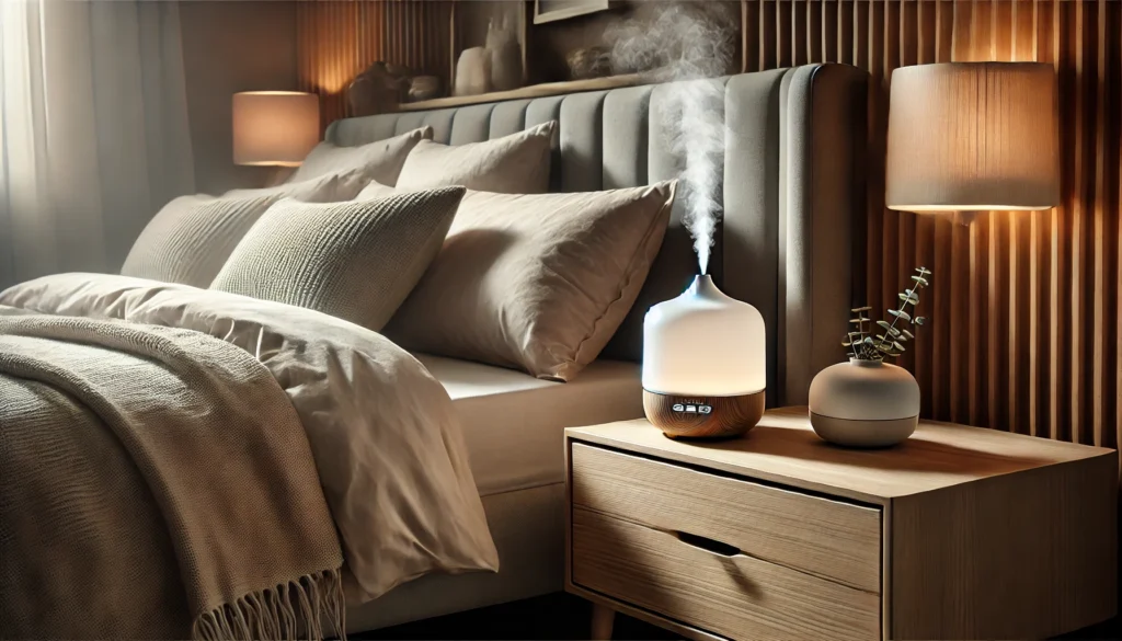 A serene bedroom featuring an ultrasonic diffuser on a sleek nightstand, emitting a soft, visible mist. Warm lighting enhances the cozy bed with neutral bedding and minimalist decor, creating a calming ambiance ideal for aromatherapy and restful sleep.