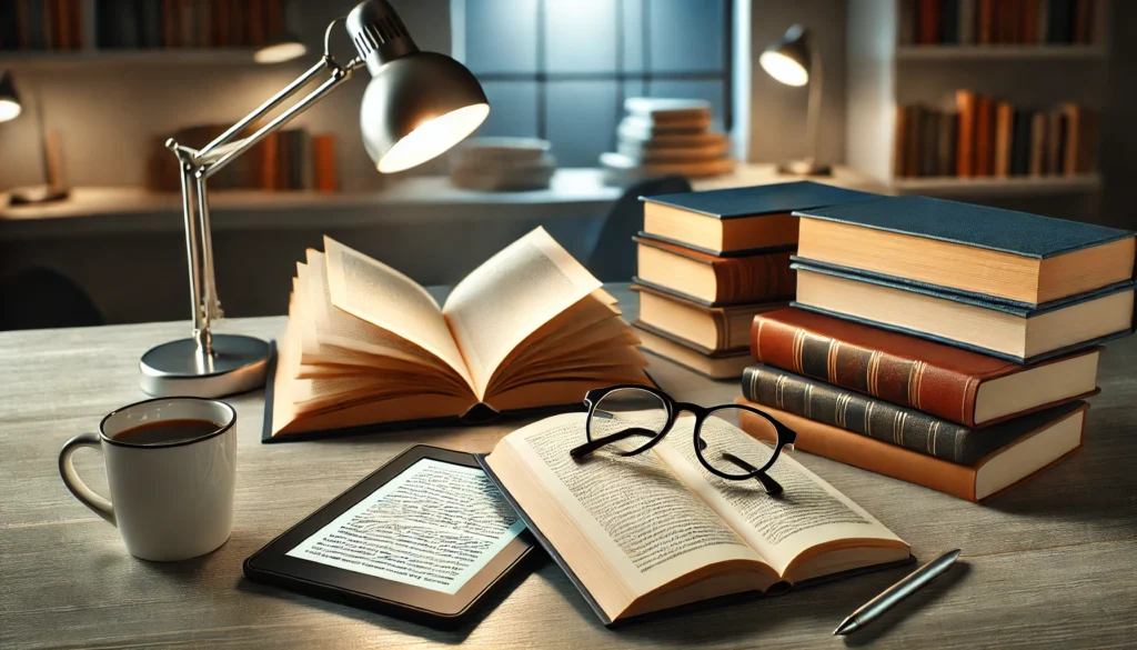 A modern study desk displaying an open book, a tablet with an e-book, and glasses resting on a notebook. Soft lighting and neatly arranged books highlight diverse reading techniques and tools.