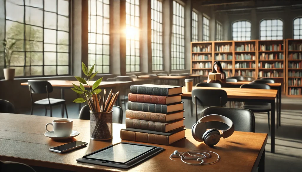 A quiet library with a reading table showcasing a mix of materials, including books, a tablet, and an audiobook device with headphones. Natural light from large windows enhances the ambiance, reflecting different approaches to reading.