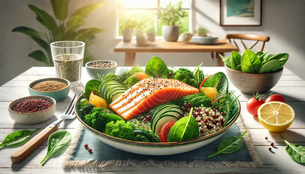 A colorful salad featuring fresh spinach, kale, quinoa, and grilled salmon on a modern dining table. Natural light highlights the freshness and vibrancy, showcasing a meal packed with nutrients to enhance energy and alertness.