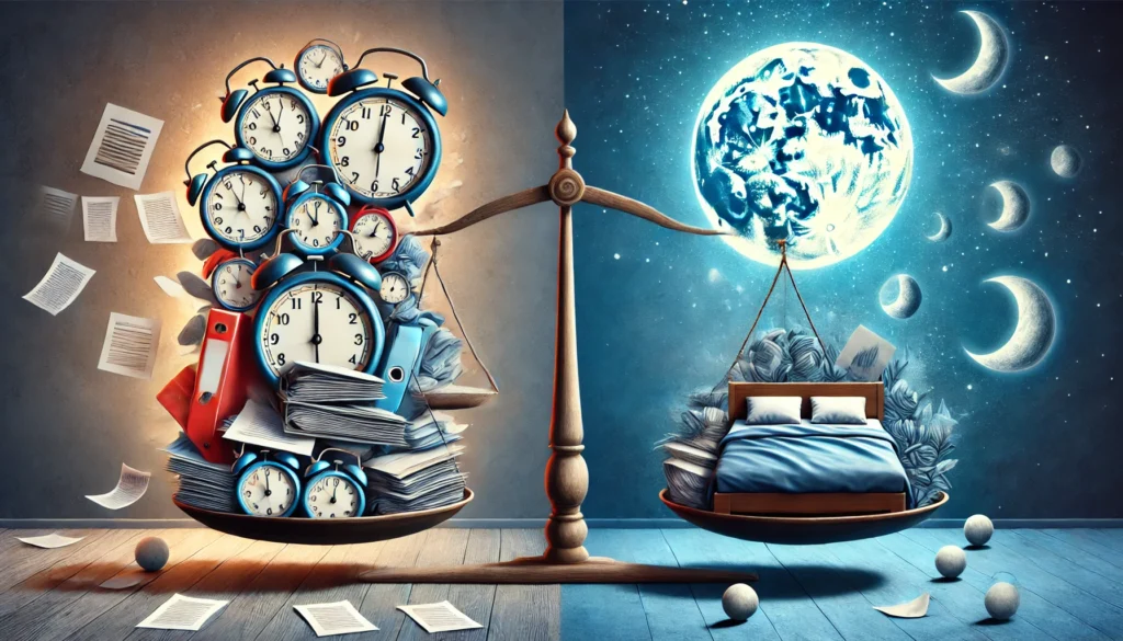 A symbolic illustration of sleep debt, featuring a balanced scale. One side holds a pile of papers and clocks symbolizing stress and sleep deprivation, while the other displays a serene bed under a glowing moon, representing restful sleep and balance. The image captures the importance of prioritizing sleep amidst life’s demands.