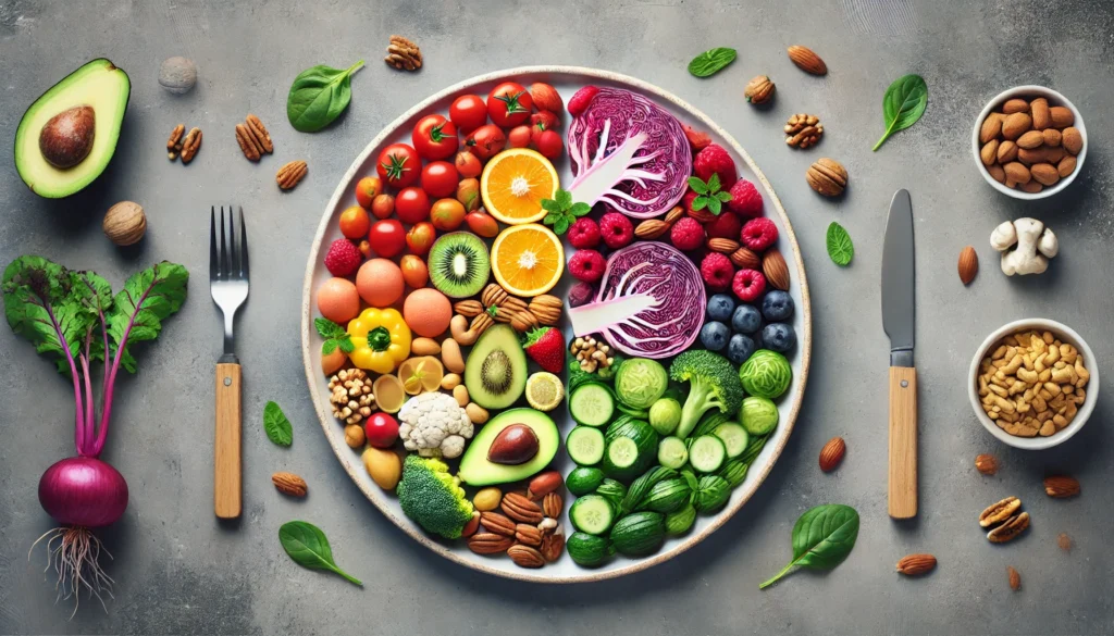 A plate creatively arranged with colorful fruits, vegetables, and nuts in the shape of a brain, emphasizing the connection between diet and cognitive health