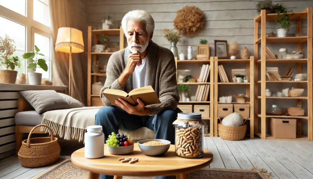 An elderly person sitting in a cozy living room, holding a book with a table nearby displaying supplements and healthy snacks, highlighting the role of proper nutrition in maintaining brain health