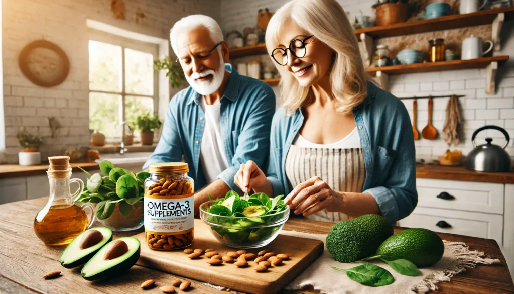 Senior couple preparing a healthy salad with spinach, avocados, and almonds in a cozy kitchen, with a bottle of omega-3 supplements in the background, promoting brain health and memory vitamins