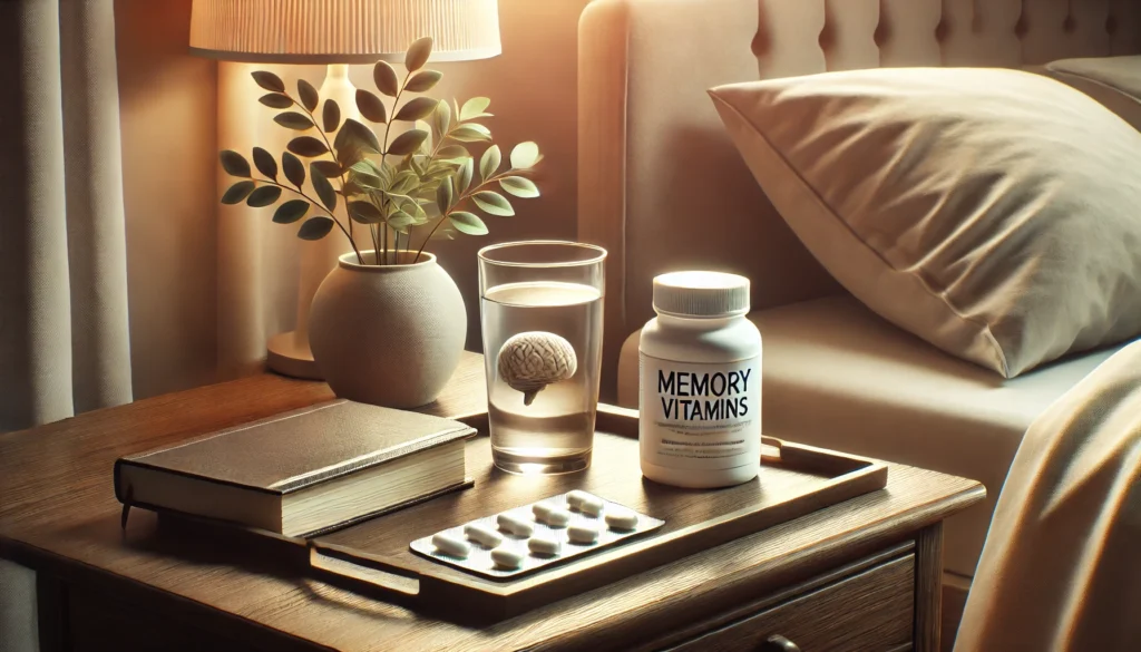 Bedside table with a glass of water, a small tray of memory vitamins, a book, and a potted plant, set in a softly lit room representing self-care and brain health for seniors