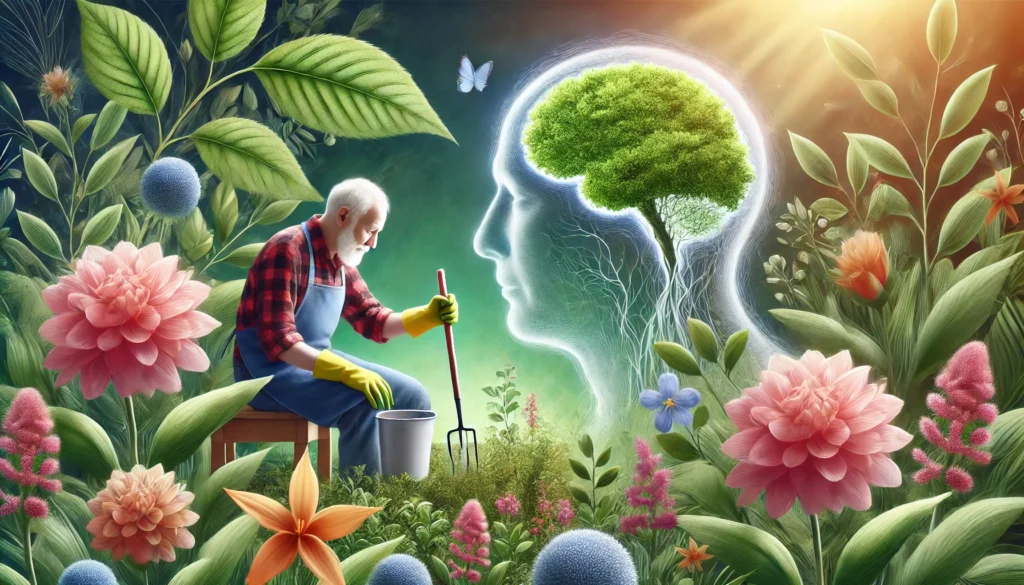 An elderly person gardening surrounded by colorful flowers and lush greenery, symbolizing health, vitality, and brain health under soft natural lighting