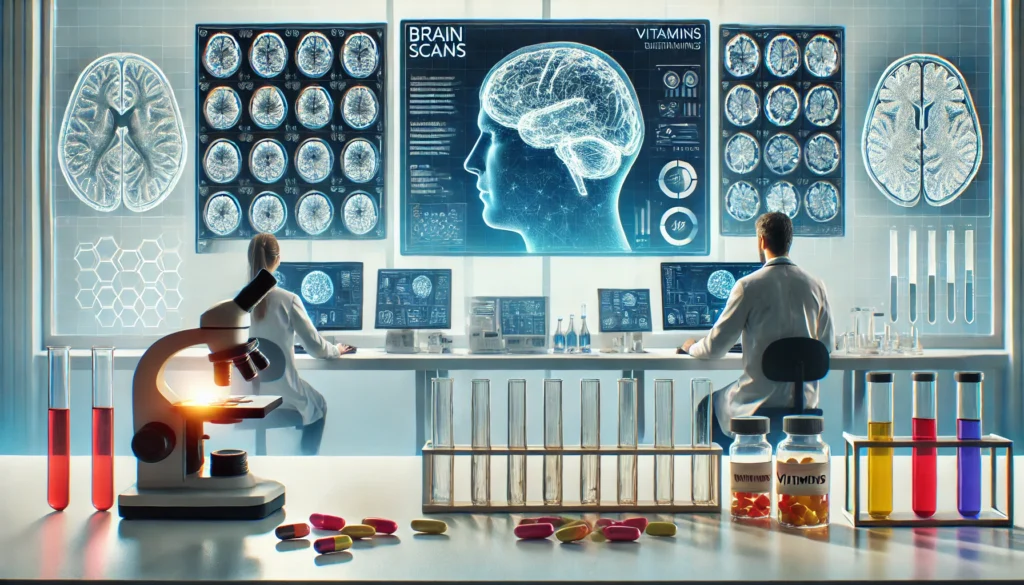 A laboratory setting with scientists analyzing brain scans on advanced computer screens, surrounded by test tubes, microscopes, and vitamins, highlighting research on vitamins and dementia prevention