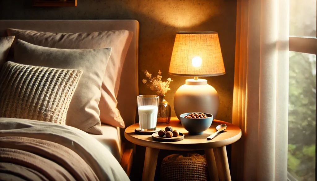 A serene bedroom corner with a small bedside table holding a cup of warm milk, a bowl of nuts, and a soft glowing nightlight, creating a cozy and inviting atmosphere perfect for restful sleep.