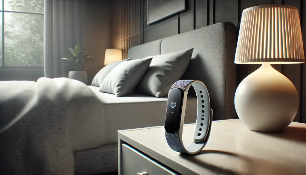 A modern and minimalist scene showcasing a wristband-style sleep tracker on a nightstand beside a comfortable, neatly made bed with soft, ambient lighting. The room features neutral tones, evoking a calm and relaxing atmosphere ideal for rest.