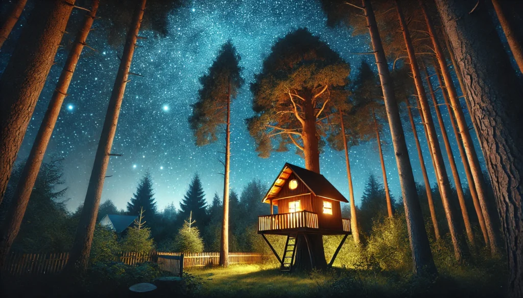 An enchanting outdoor night scene featuring a softly lit treehouse surrounded by tall trees under a star-filled sky. The magical and calm atmosphere inspires bedtime stories and imaginative dreams, ideal for fostering a sense of wonder and relaxation, free of text or overlays.