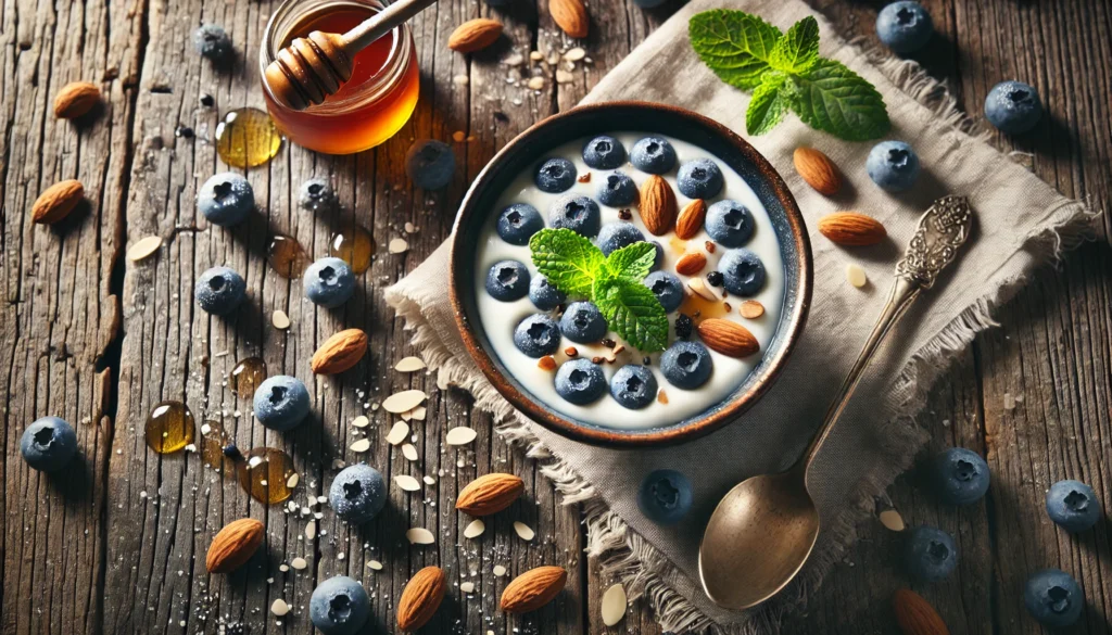 A top-down view of a bowl of creamy Greek yogurt garnished with fresh blueberries, almonds, and a drizzle of honey, resting on a rustic wooden surface. Surrounding elements like a sprig of mint and scattered almonds enhance the natural and wholesome vibe, emphasizing the yogurt's nutritional appeal.