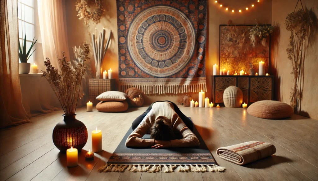 A peaceful indoor scene with a person practicing yoga nidra on a mat. The room is softly lit with candles, warm textiles, a tapestry, and gentle string lights, creating a serene environment for conscious repose and relaxation.