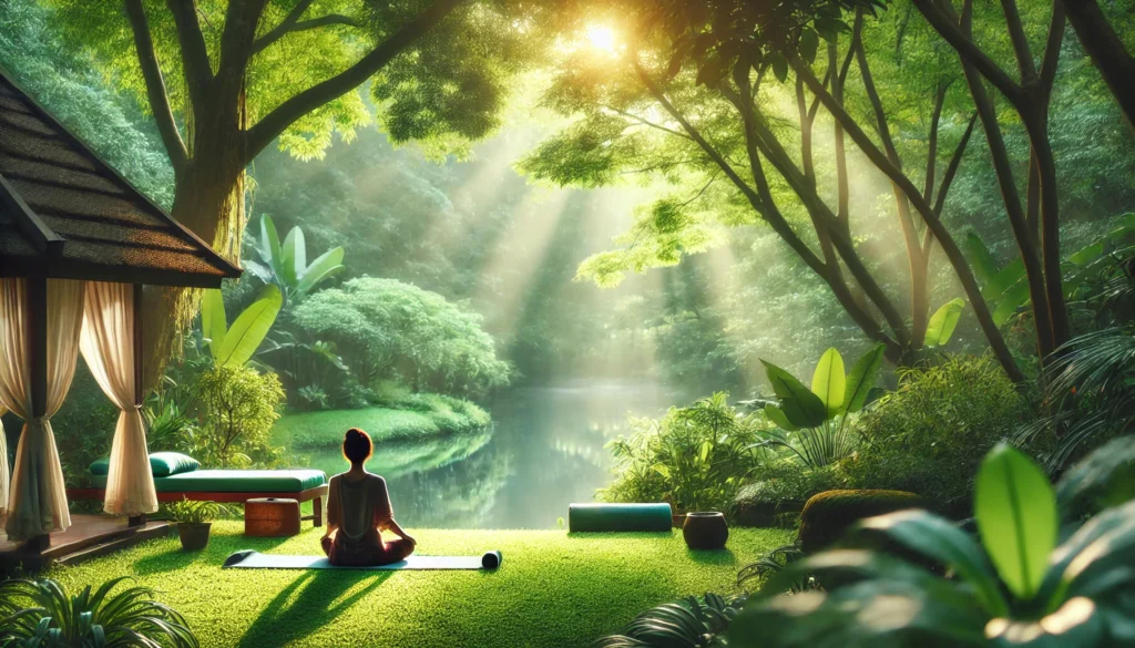 A serene outdoor scene featuring a person practicing yoga on a mat in a green, tree-lined environment. Soft sunlight filters through the trees, creating a peaceful atmosphere that emphasizes relaxation and stress relief through mindfulness and movement.