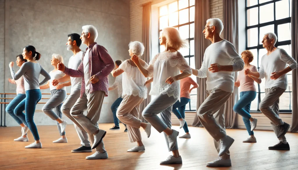 A group of seniors participating in a dance class, moving gracefully in a well-lit studio. The energetic movement represents physical activity as a key strategy in reducing dementia risk and maintaining brain health.