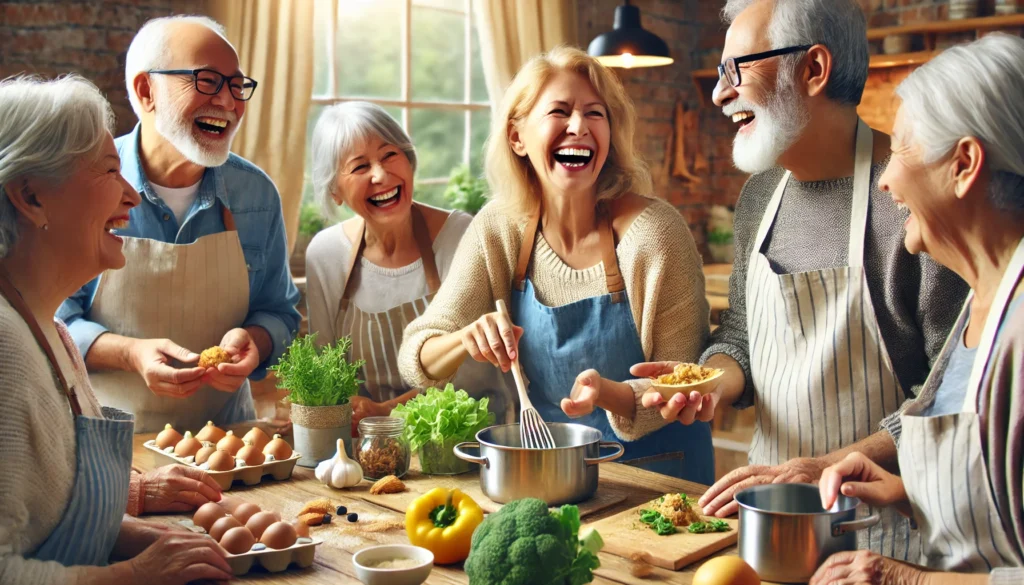 A warm and friendly cooking class with seniors preparing a healthy meal together, laughing and interacting. The scene represents social engagement, nutrition, and mental stimulation as natural ways to reduce dementia risk.