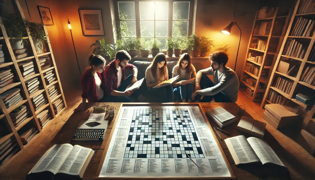 A widescreen image of a small group of friends gathered in a cozy living room, collaboratively solving a crossword puzzle amidst a warm and inviting ambiance with books and indoor plants, emphasizing teamwork and cognitive engagement.