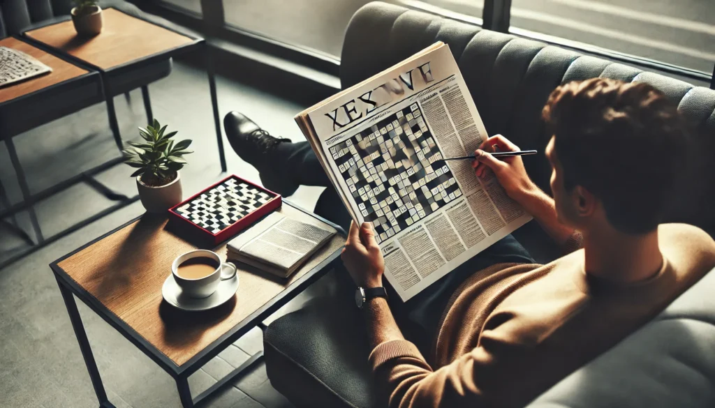 A widescreen image of a person seated in a stylish cafe, engrossed in solving a crossword puzzle from a newspaper, with a steaming cup of coffee on the table, creating a calm and focused atmosphere perfect for solitary mental exercises.