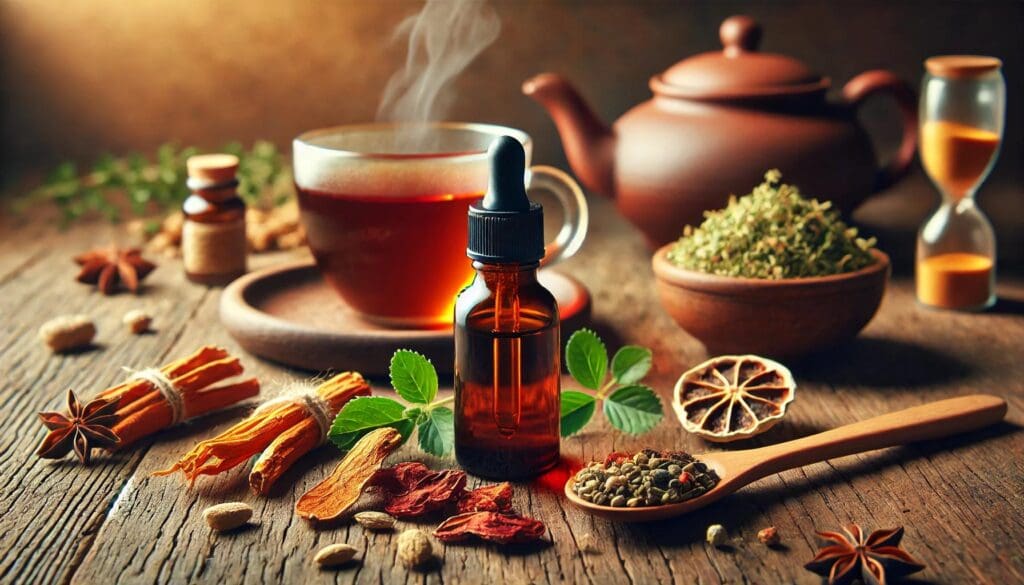 A rustic tabletop setting showcasing adaptogen drops in an amber bottle, surrounded by dried herbs like ginseng, rhodiola, and ashwagandha, alongside a steaming cup of herbal tea on a cozy wooden surface.