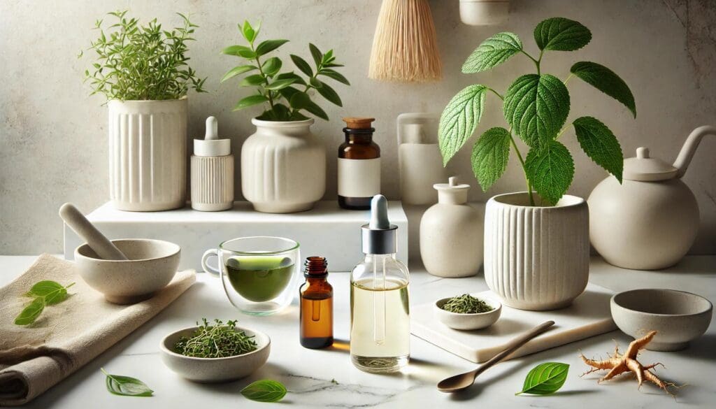 A clean, minimalist lifestyle setting featuring adaptogen drops in a glass bottle on a marble countertop, surrounded by potted plants, green tea, and neatly arranged ashwagandha and holy basil leaves under bright lighting.