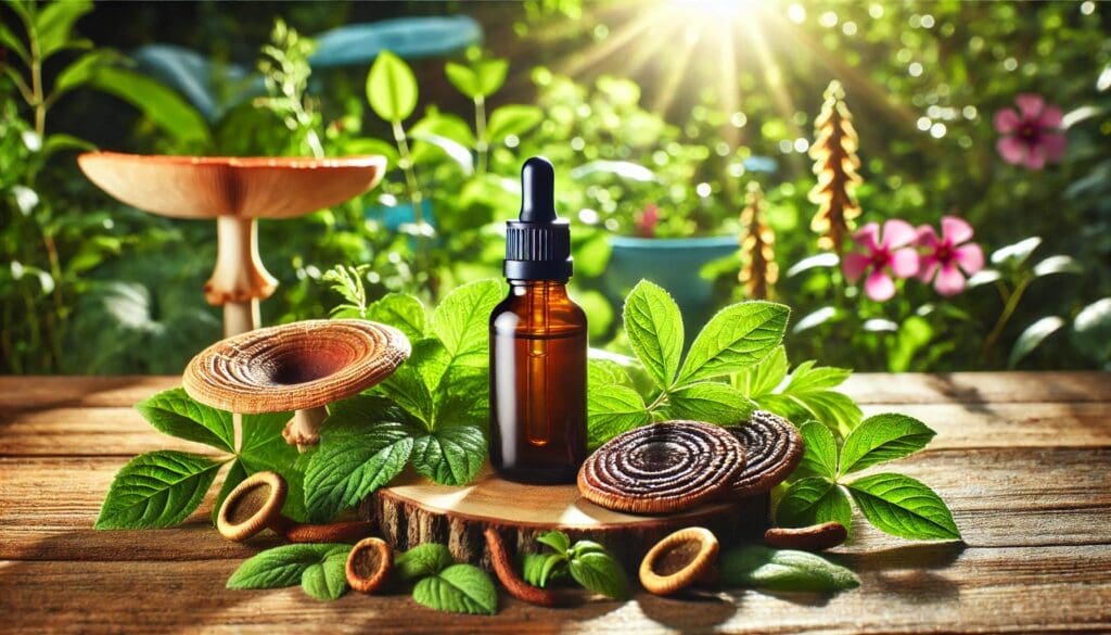 "An outdoor wellness scene with adaptogen drops on a wooden surface, surrounded by reishi mushrooms and green leaves, with a sunny garden backdrop promoting natural and organic living.