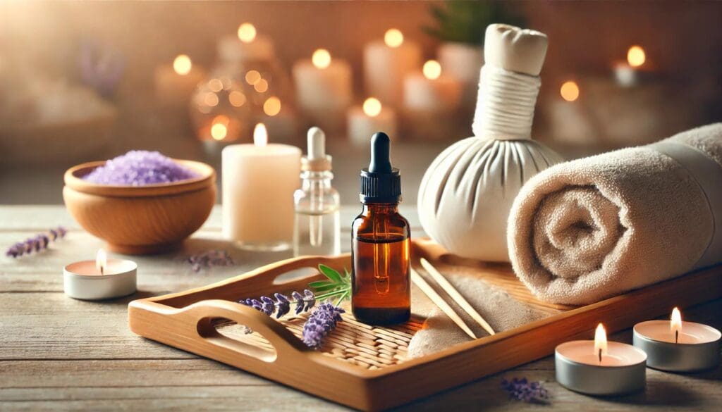 A spa-like setting featuring adaptogen drops in a glass dropper bottle placed on a bamboo tray with calming elements like candles, towels, and lavender sprigs. The softly lit background creates a serene and luxurious self-care ambiance.