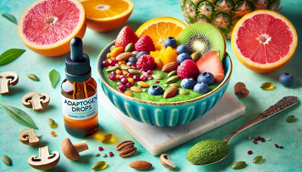 A vibrant smoothie bowl with adaptogen drops. The scene includes a brightly colored smoothie bowl topped with fresh fruits, nuts, and seeds, with a glass dropper bottle of adaptogen drops next to it, emphasizing health and vitality.