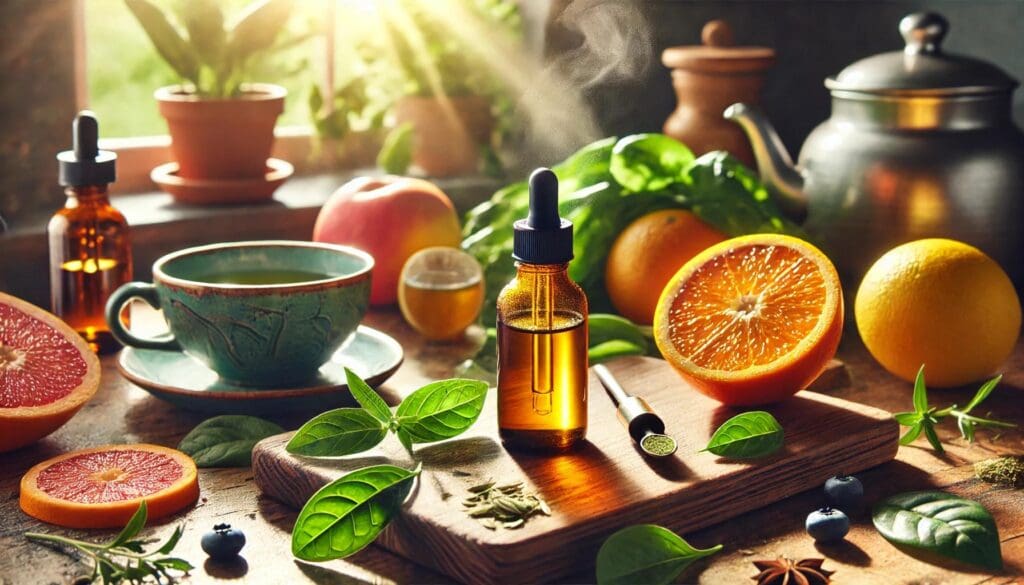 A vibrant scene of fresh fruits like oranges and grapefruit, a green tea cup, an amber dropper bottle, and green leaves arranged on a wooden surface, with sunlight streaming through a window in the background.