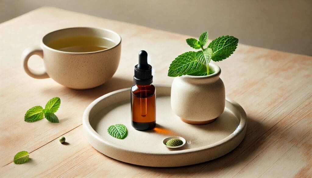 A minimalist wellness setup featuring adaptogen drops in a glass dropper bottle placed on a ceramic tray with a sprig of fresh mint and a cup of green tea, set against a light wooden surface with soft natural lighting for a calming and modern aesthetic.