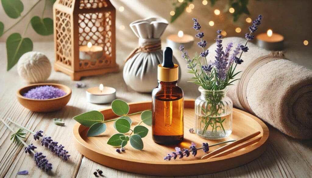 A serene spa setup with an amber dropper bottle, lavender flowers, a small vase, candles, and a rolled towel on a wooden tray, with a calming background adorned with soft lights and greenery.