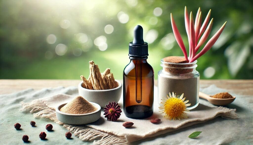 A clean and serene tabletop arrangement featuring adaptogen drops in a glass dropper bottle, surrounded by Ashwagandha roots, Rhodiola flowers, and Maca powder, with a softly blurred green outdoor background for a peaceful and health-focused ambiance.