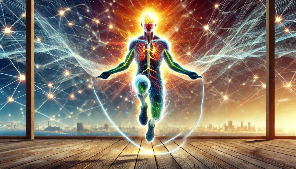 An artistic depiction of a person jumping rope in an outdoor setting, with glowing energy waves radiating from their body. The bright neural connections symbolize the boost in brain function, creativity, and mental agility from aerobic exercise.