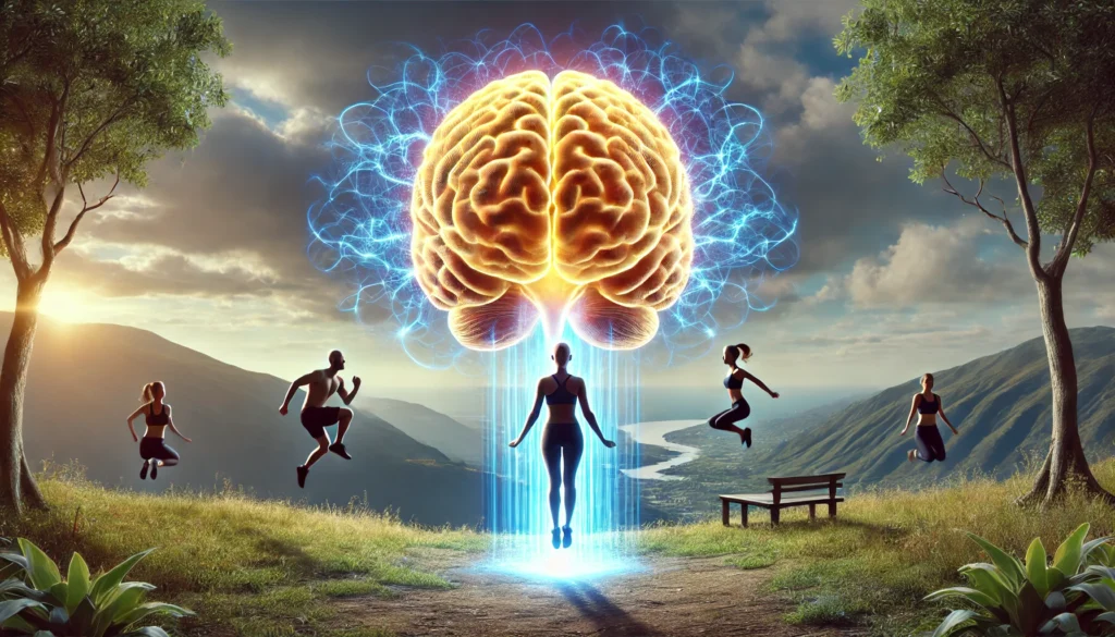 A surreal representation of a glowing brain floating above a person doing jumping jacks in a scenic environment. The energy radiating from the brain symbolizes the mental clarity, focus, and cognitive boost gained from aerobic exercise.