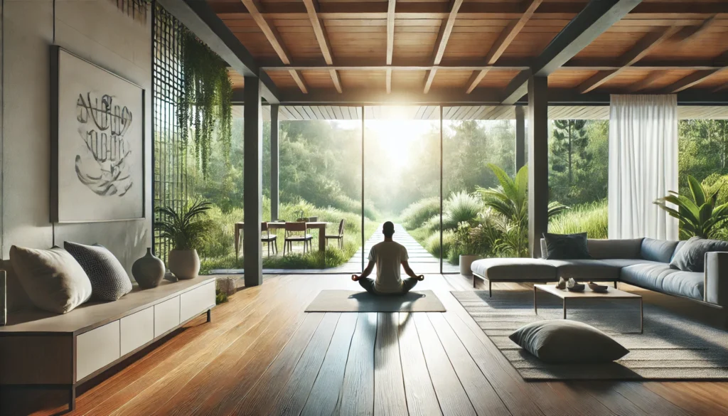 A peaceful modern home setting with a person meditating, representing mindfulness and holistic brain health, key themes in the ageless brain review.