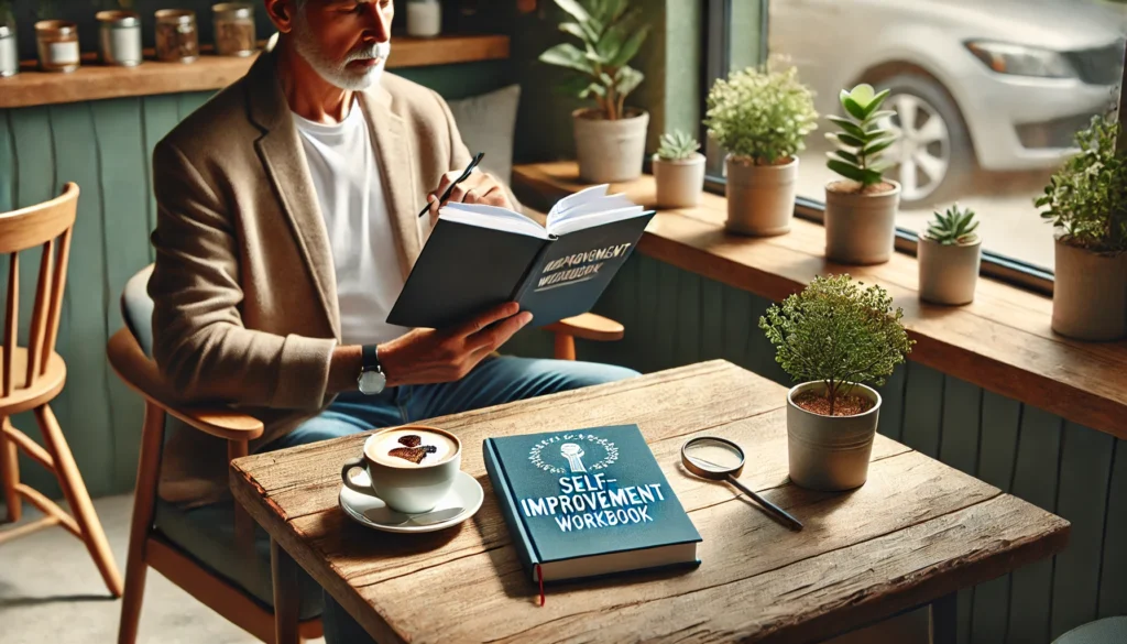 An adult in a quiet café, deeply focused on a self-improvement workbook with coffee and a notebook, fostering personal growth. What are the most effective workbooks for adults written