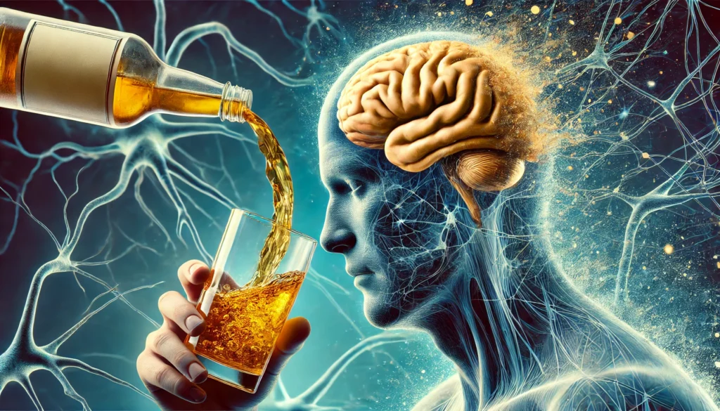 A surreal conceptual image depicting the link between alcoholism and dementia. A human brain dissolves into golden liquid, resembling alcohol, as it drips into a glass. The background features distorted and fading neural connections, symbolizing cognitive decline due to long-term alcohol consumption.