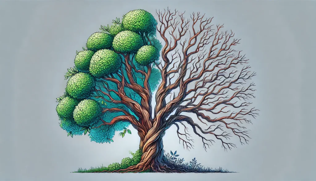 An artistic depiction of two trees representing brain health—one tree lush and full, symbolizing normal aging, while the other has sparse, withering branches, representing Alzheimer's progression and cognitive decline.