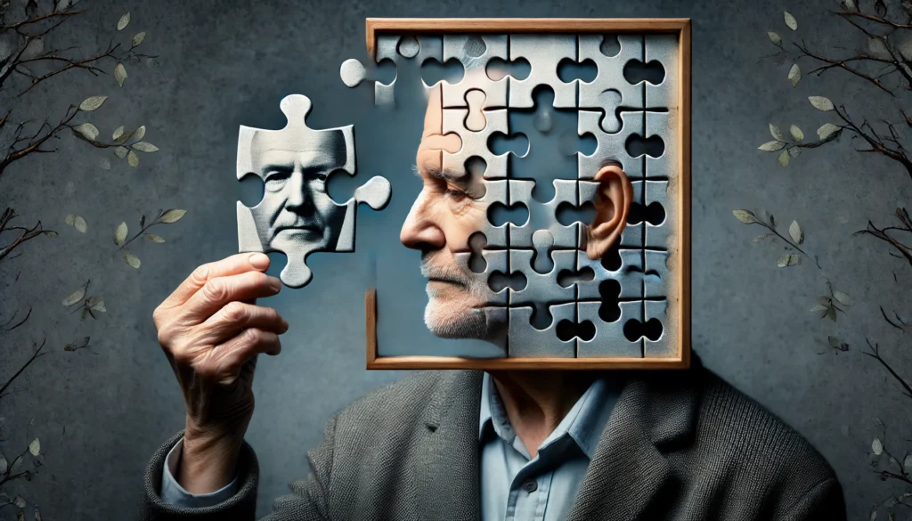 A conceptual image of an elderly person holding a puzzle piece, trying to fit it into a fading puzzle of their own face, symbolizing the struggle to recall memories in Alzheimer's compared to normal aging. Some pieces are missing, representing cognitive gaps.