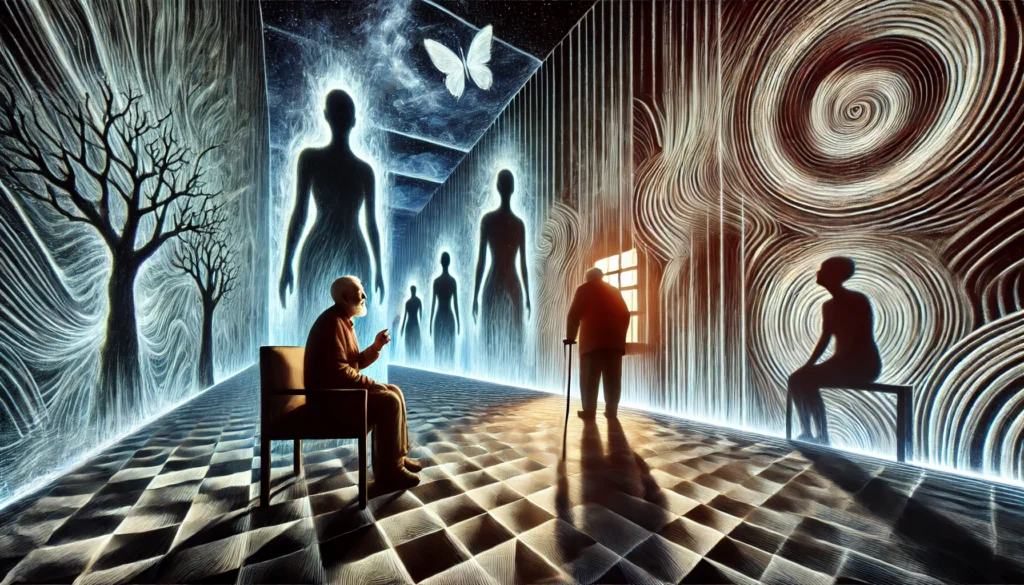 An artistic visualization of visual hallucinations in Alzheimer's disease, showing an elderly person seeing shadowy, illusory figures in their surroundings. The distorted and unsettling environment represents misperceptions and false images.