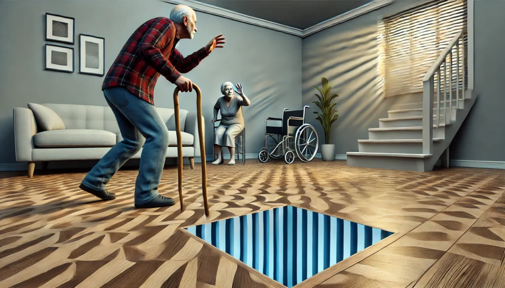 A conceptual depiction of depth perception issues in Alzheimer's disease, where an elderly person hesitates to step over an ordinary floor pattern that appears as an obstacle or hole. The scene illustrates visual misinterpretations.