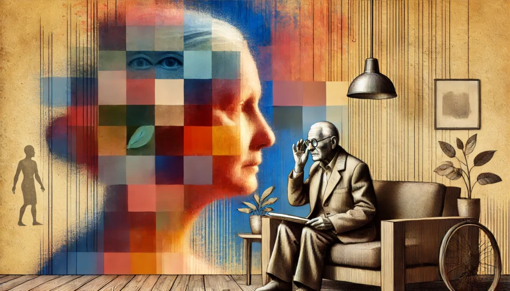 An abstract portrayal of color perception issues in Alzheimer's disease, where an elderly person struggles to distinguish between similar shades, causing confusion in recognizing objects. The scene features overlapping, faded colors to illustrate visual distortions.