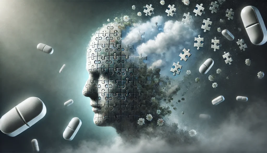 A surreal representation of memory impairment due to Amitriptyline. A dissolving human face made of puzzle pieces, with some missing and floating away into a foggy background. The gaps in the face symbolize lost memories, while Amitriptyline pills float in the mist, reinforcing the theme of cognitive decline.