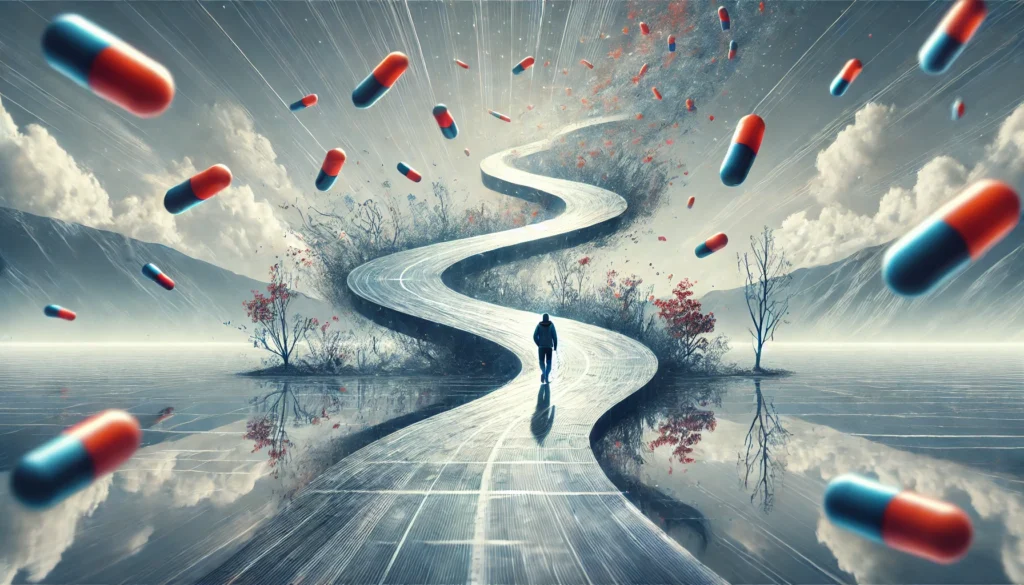 A conceptual image depicting Amitriptyline’s effects on memory function. A winding pathway through a fading landscape, with a person walking forward while their reflection in a water surface behind them appears fragmented and blurred. Floating Amitriptyline pills drift through the air, symbolizing the gradual loss of clarity and memory.