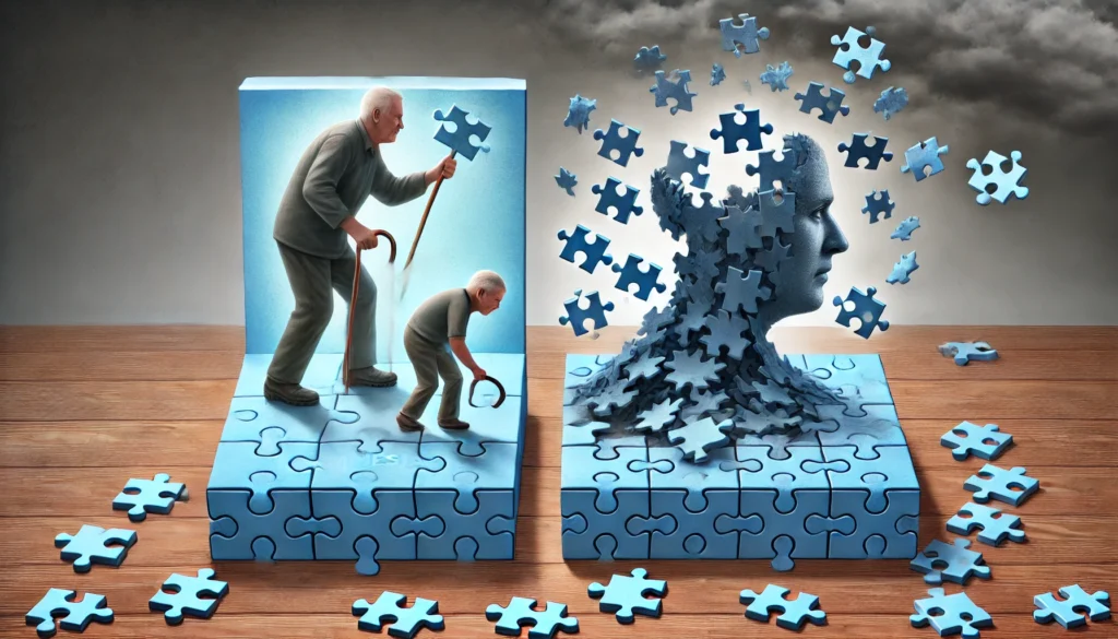 A conceptual visualization of a memory puzzle—one side shows a person with amnesia picking up scattered pieces, symbolizing the potential for memory recovery, while the other side depicts a person with dementia struggling with dissolving pieces, representing progressive loss.