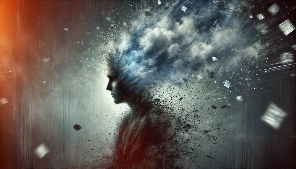 A symbolic depiction of anxiety affecting memory, showing a person’s head dissolving into a cloud of fragmented thoughts. Pieces of their mind scatter into the wind, creating a moody, blurred effect representing forgetfulness and cognitive struggle.