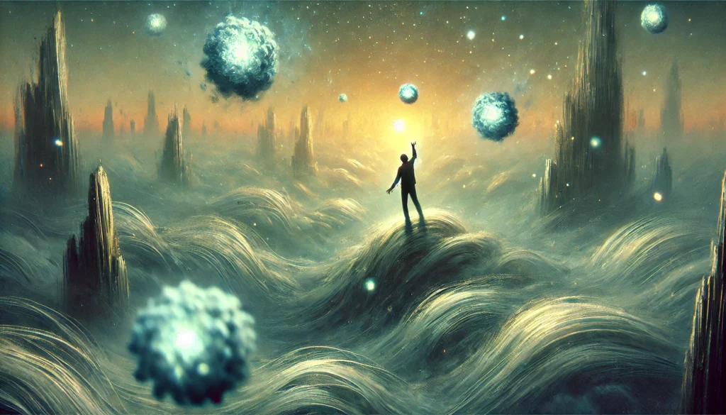 An artistic scene of a person reaching for glowing orbs that represent fading memories, set in a dreamlike, misty landscape. The soft-focus elements and desaturated colors evoke detachment, stress, and the loss of memory under anxiety.