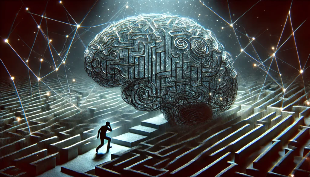 A conceptual visualization of anxiety disrupting memory, featuring a maze-like brain structure where a lost person searches for forgotten memories. Tangled, dark pathways symbolize confusion and mental distress, with deep shadows creating a tense atmosphere.